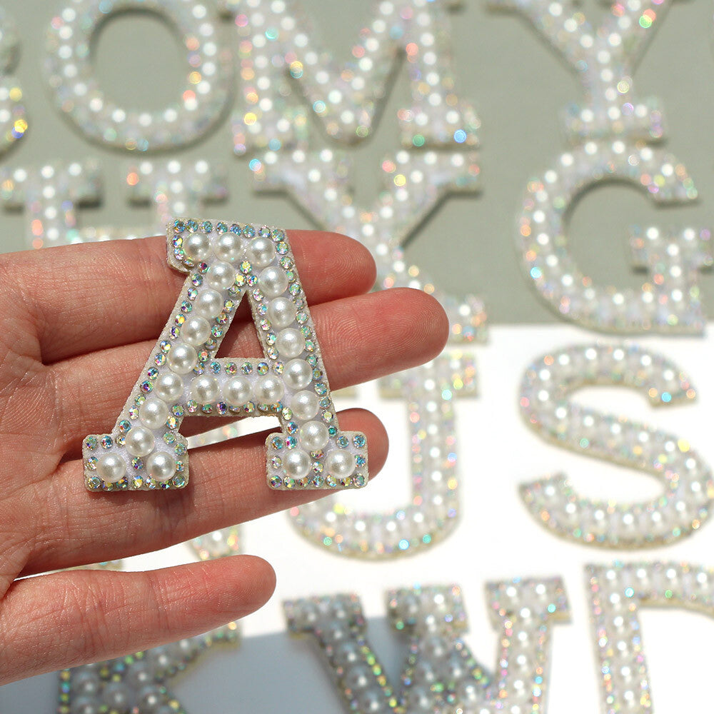5.5cm AB Rhinestone & Pearl Letter Patch Patches Iron on Alphabet Crystal