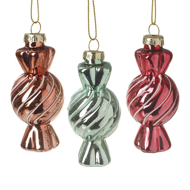 Glass Handcrafted Baubles Premium Traditional Christmas Tree Decoration - 3 Pack of Glass Sweets