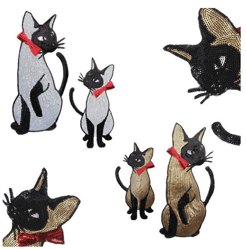 Large Sew or Iron On Sequins Applique Siamese Cat Patch Sparkly Customise Craft