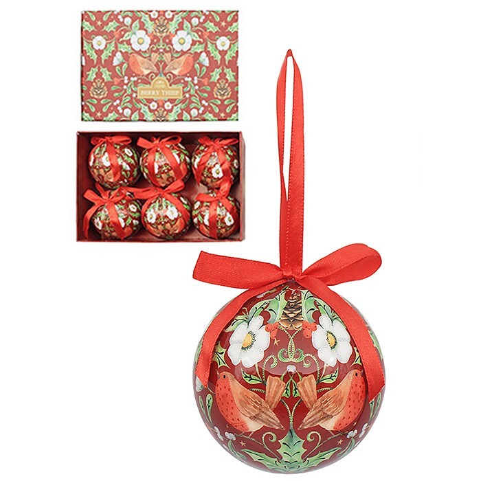 6 Pack of Christmas Tree Baubles - William Morris Deer Robin Reindeer - Berry Thief Bauble Set of 6