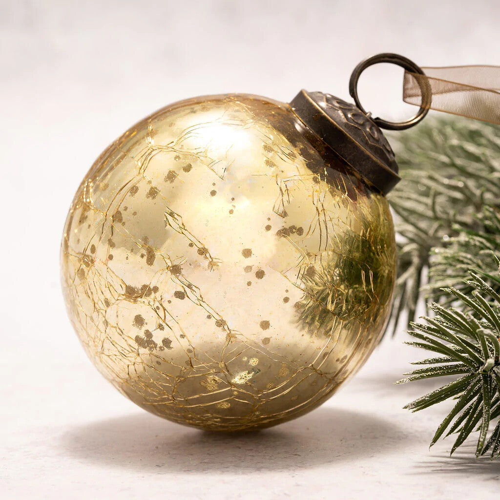 Large Glass Handcrafted Baubles Premium Traditional Christmas Tree Bauble 8cm - Gold Crackle Ball - 1 Bauble
