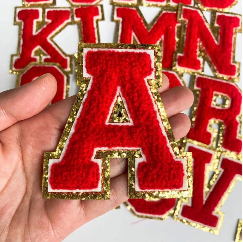 8cm Large 3D Red & Gold Chenille Patch Letter Patches Iron Sew on Alphabet