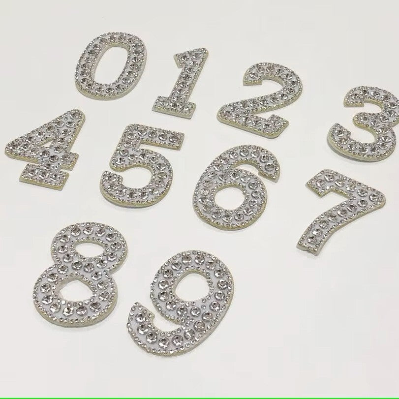 5.5cm Tall Number Patch White & Silver Rhinestone Alphabet Numbers Patches