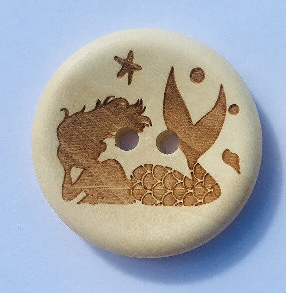 Mermaid & Unicorn Natural Wooden Round Wood Buttons - 2 Hole 3cm Craft Gift - Mermaid