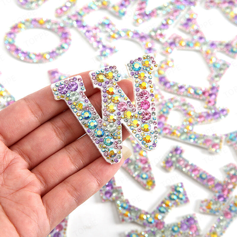 Multicoloured Crystal Rhinestone Letter Patch Patches Iron on Sew on Alphabet
