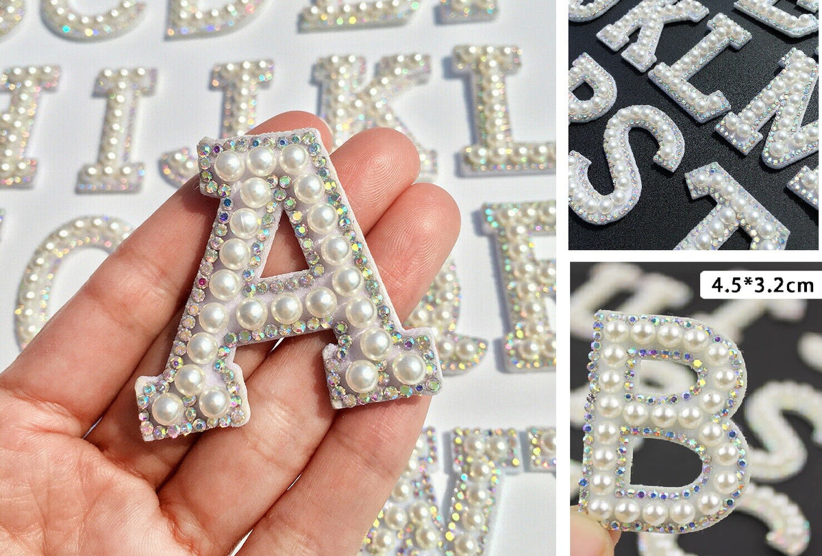 White Pearl AB Silver Rhinestone Letter Patch Patches Iron on Glue/Sew Alphabet