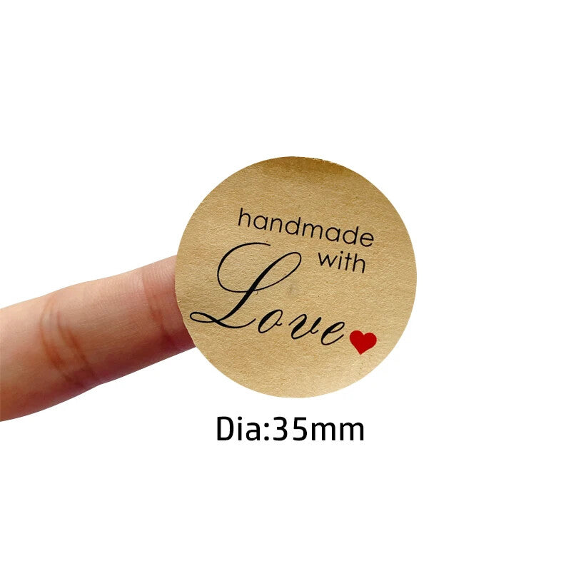 Handmade with love sealing stickers hand made sticker gift food craft 3.5cm - Brown