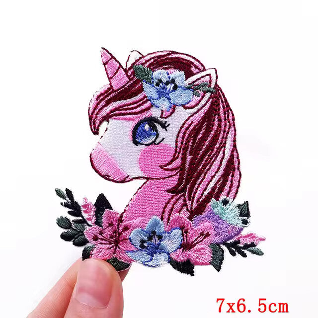 Unicorn Patch Rainbow Embroidered Iron on Sew on Patches Clothing Applique - Unicorn & Flowers Design 1