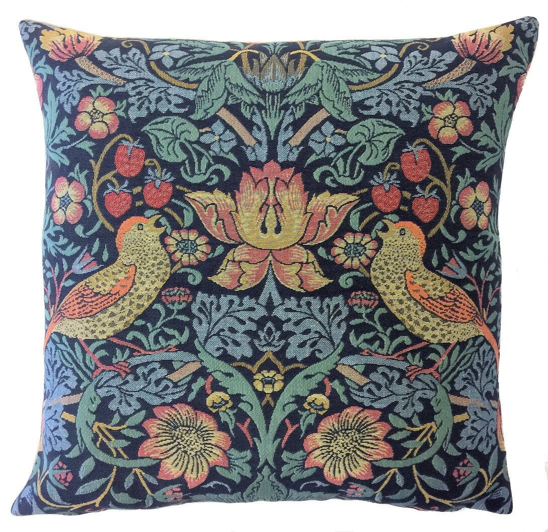 WILLIAM MORRIS BELGIAN TAPESTRY CUSHION COVERS ORANGE TREE PIMPERNEL STRAWBERRY - Strawberry Pickers Facing Inwards - 45x45cm