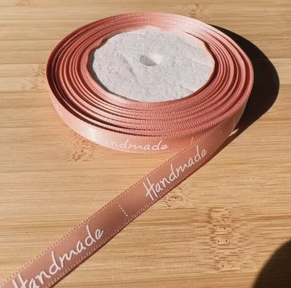 20 Meter Roll " Handmade" Print Satin Ribbon Full Whole Roll Sew On Label - Peach
