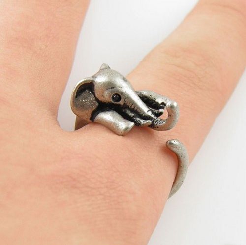 Elephant Festival Boho Retro Animal Adjustable Wrap Finger Ring & Gift Bag - Antique Silver