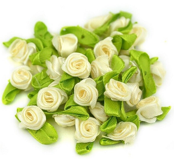 Mini Satin Ribbon Rose Buds Flowers Green Leaf Leaves Craft Wedding Confetti - Cream
