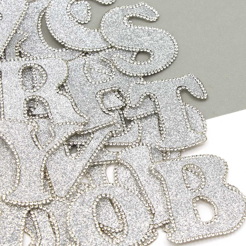 3D Rhinestone Silver Grey Glitter Letter Patch Iron on Alphabet Patches 5cm
