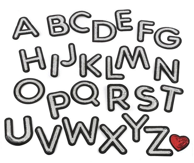 Large Silver & Black Sequins Letter Patch Iron on Alphabet Embroidery Customise