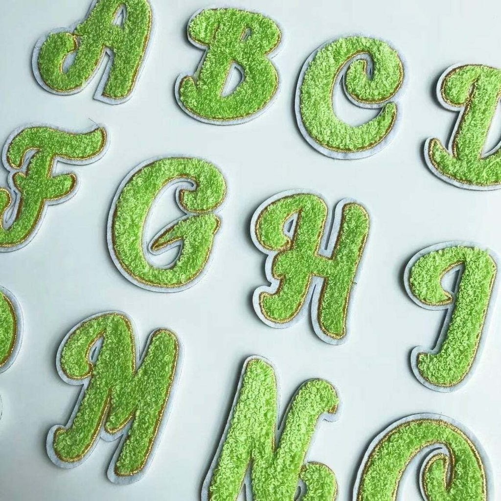 Lime Green Chenille Patch Letter Patches Iron on Sew on Alphabet Embroidered
