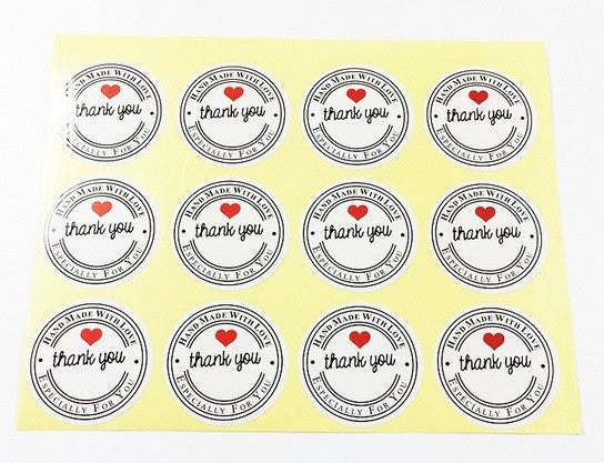 Round White Sticker Labels Thank You Handmade with Love Gift Hand Made Stickers