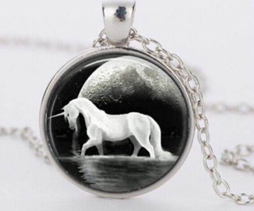 Unicorn Cameo Glass Cabochon Pendant Necklace 'Luna Unicorn of the Night'