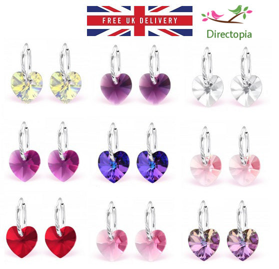 925 Sterling Silver Crystal Hoop Heart Earrings Choice of Colours