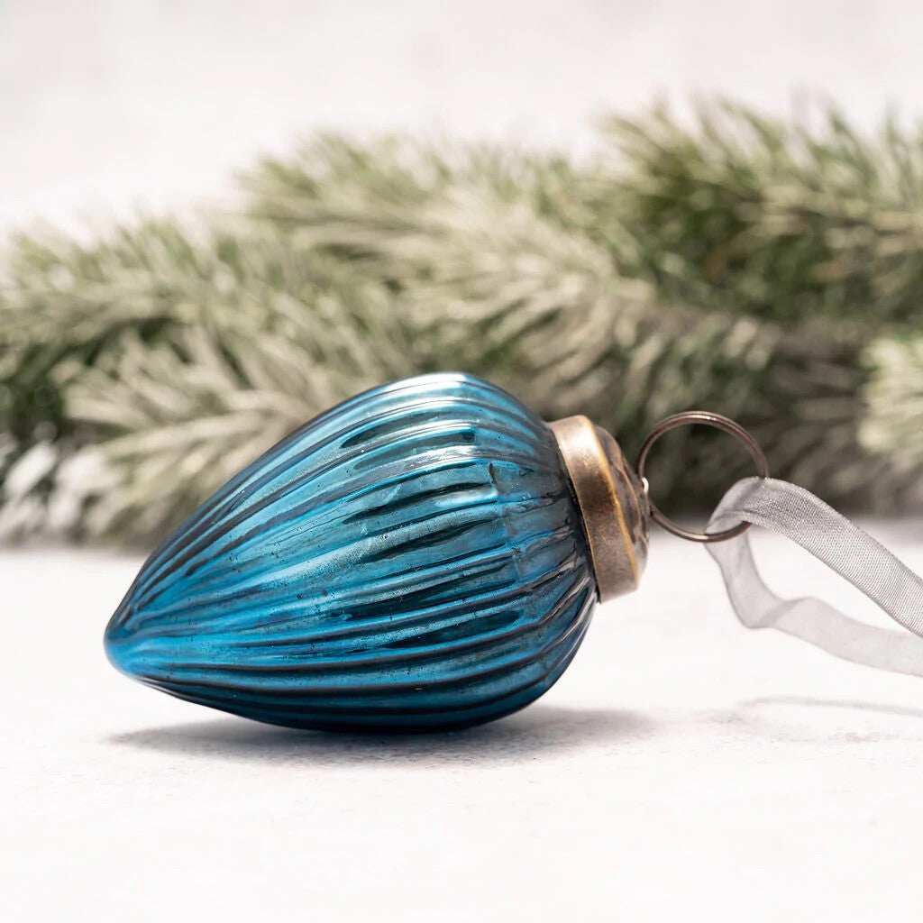 Medium Glass Handcrafted Baubles Premium Traditional Christmas Tree Bauble 5-7cm - Teal Ribbed Glass Pinecone - 1 Bauble