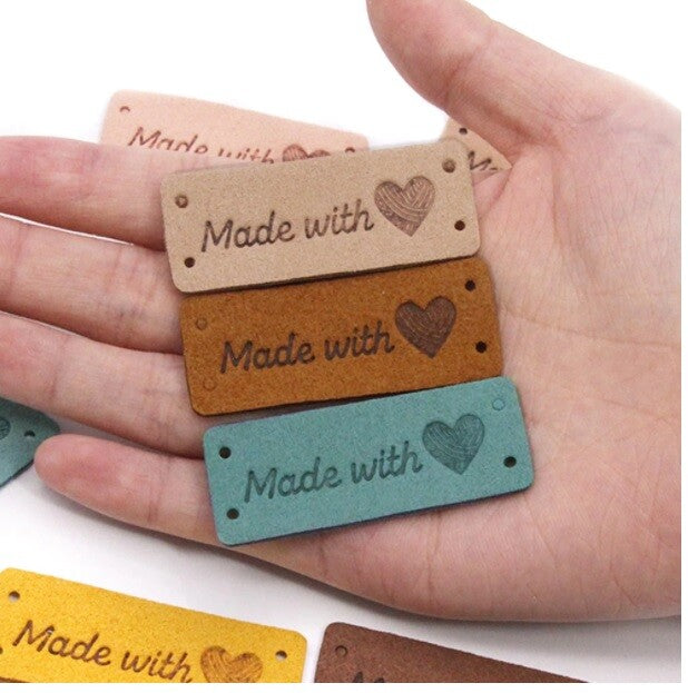 Faux Suede Leather Labels Hand Made with Love Clothing Tag Label Tags 5x2cm