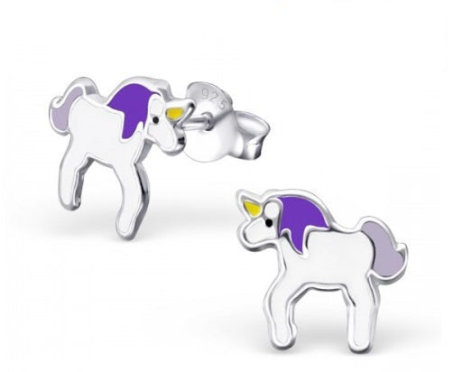 Sterling Silver White & Purple Magical Unicorn Stud Earrings & Gift Box