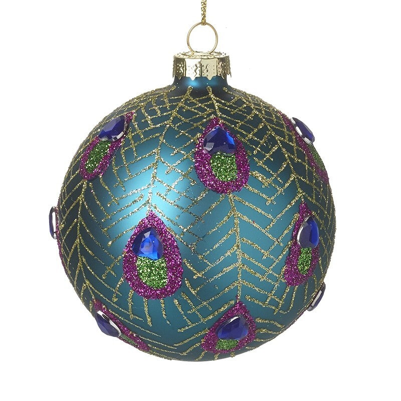 Glass Handcrafted Blue Red Peacock Pattern Baubles Christmas Tree Decoration - 1 Glass Green/Blue Peacock Pattern Bauble