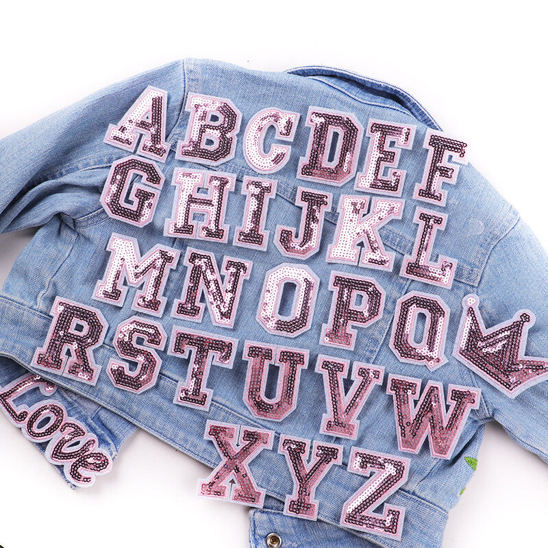 Pink Sequins Varsity Letter Patch Iron or Sew on Alphabet Customise Clothing 5cm