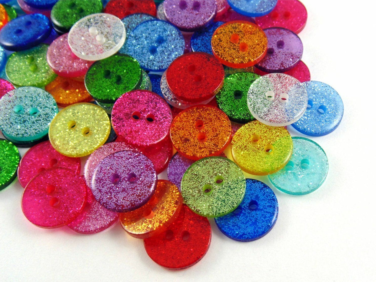 13mm, 15mm or 19mm Glitter Sparkly Buttons - Round - 2 Hole - Sewing - Craft