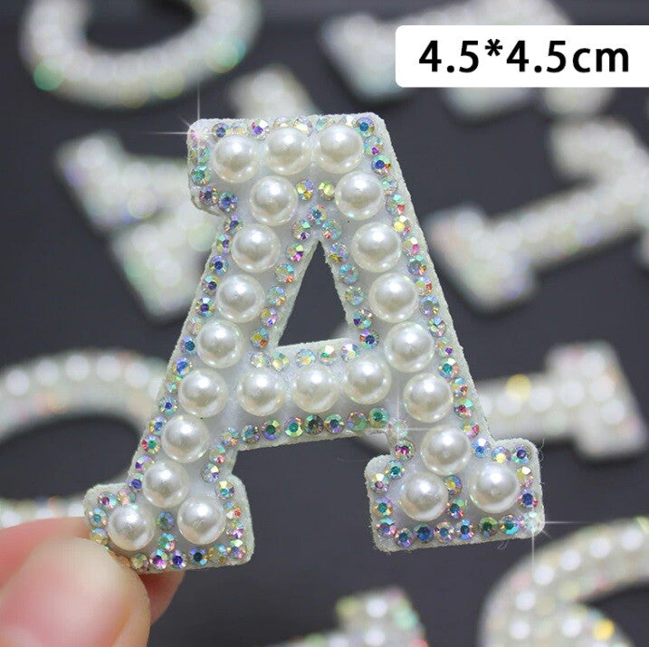 White Pearl AB Silver Rhinestone Letter Patch Patches Iron on Glue/Sew Alphabet