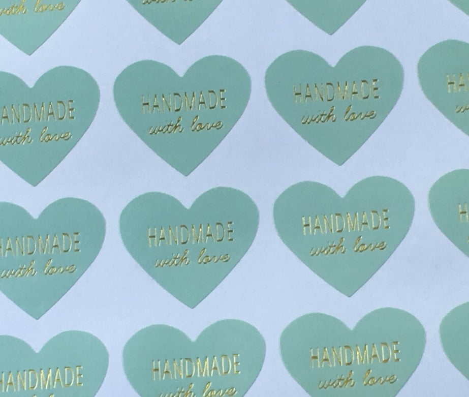 Handmade with Love Gift Seal Craft Stickers Labels Green Mint & Gold Text