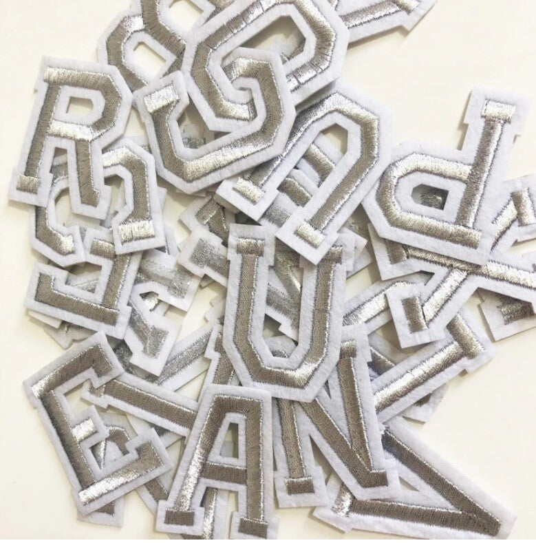 Silver Grey Varsity Letter Patch Iron or Sew on Alphabet Embroidery Customise