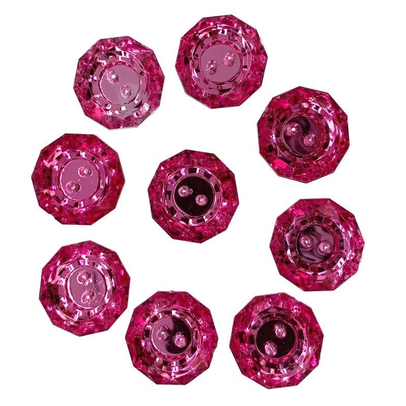 10 x Crystal Rhinestone Acrylic Faceted Buttons - 2 Hole - 1.8cm - Rose Pink
