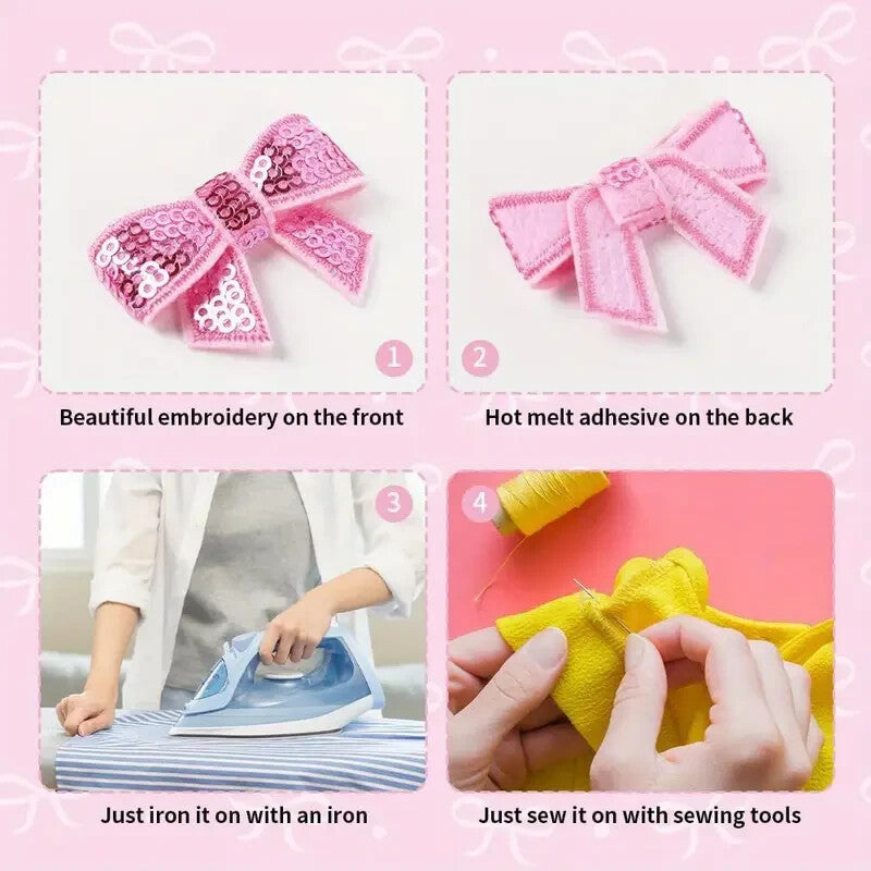 3D Sequins Bow Patch Mini Bows Patches Iron on Customise Clothes 4.5cm x 3cm
