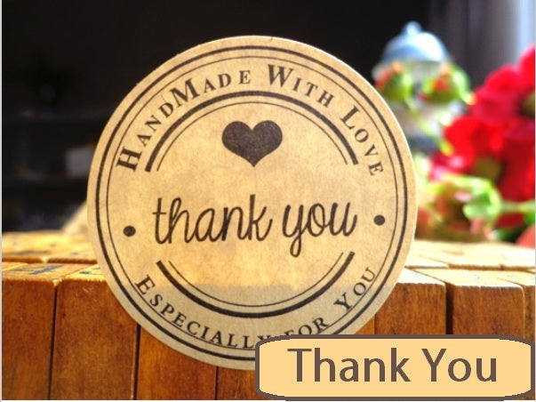 Round Paper Labels 'Thank you, Hand made with love' Gift Craft Stickers BL