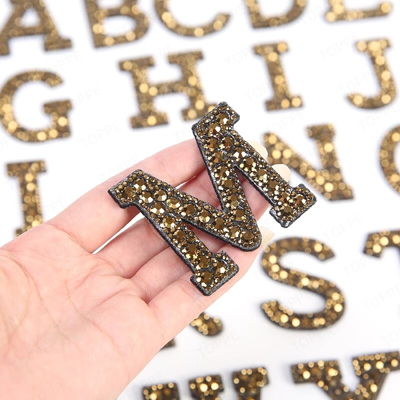Champagne Gold Rhinestone Letter Patch Patches Glue Iron Sew on Alphabet Crystal