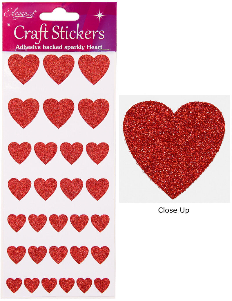 Self Adhesive Glitter Heart Sparkly Stickers Sheet of 30 - 4 Sizes of Hearts - Red