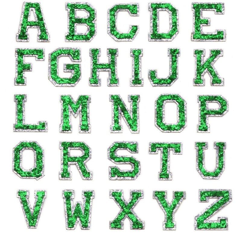Green & Silver Glitter Varsity Letter Patch Iron or Sew on Alphabet Patches