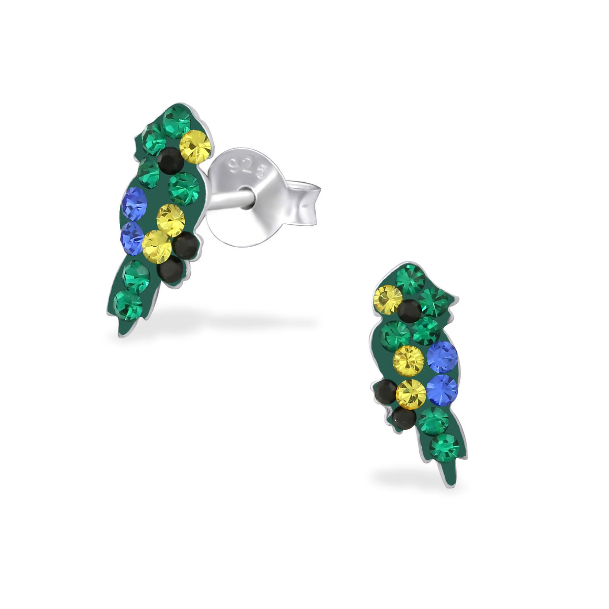 925 Sterling Silver Crystal Green Parrot Bird Stud Earrings 5x11mm & Gift Box #3
