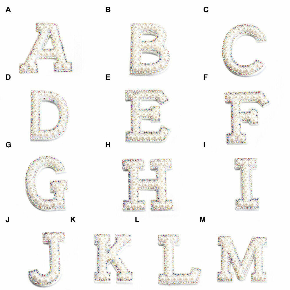 White Pearl Silver Rhinestone Letter Patch Patches Iron Sew on Alphabet Crystal