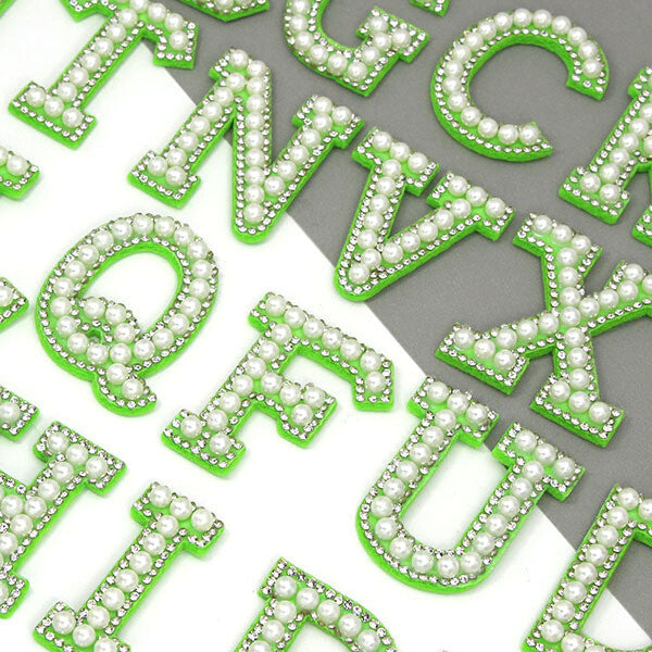 Green & Pearl Rhinestone Letter Patch Patches Glue on Sew on Alphabet Crystal