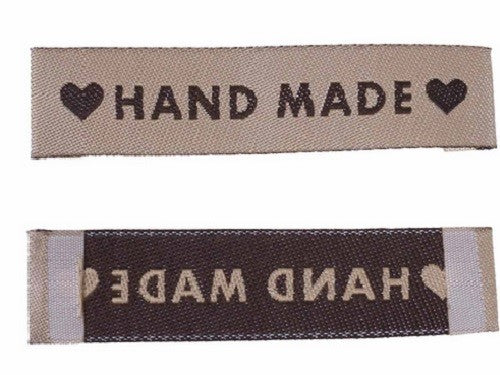 Fabric Labels 'Hand Made Heart' Sew On Garment Clothing Label Tags 60x15mm - Brown