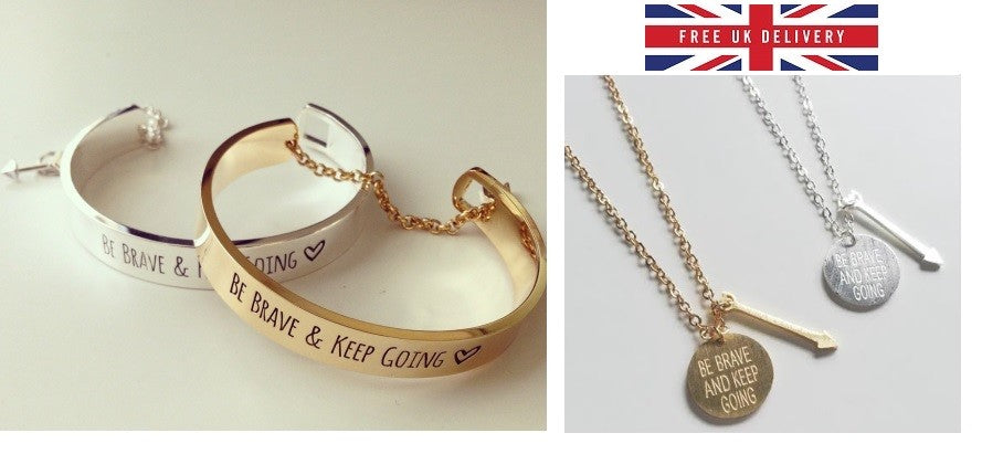 Be Brave and Keep Going Engraved Arrow Clasp Cuff Bracelet Necklace