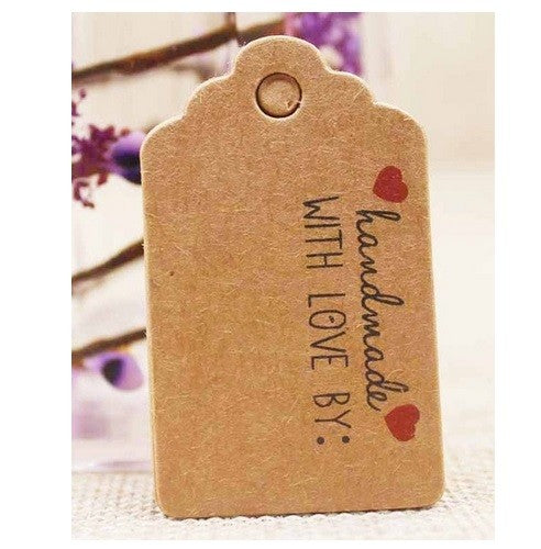 5x3cm Craft Paper Tags 'Handmade with Love by' Hand Made Gift Tag - Brown with Red Heart