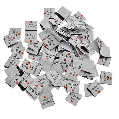 Fabric Labels 'Hand Made With Love' Sew On Garment Clothing Label Tags 2x2cm - White