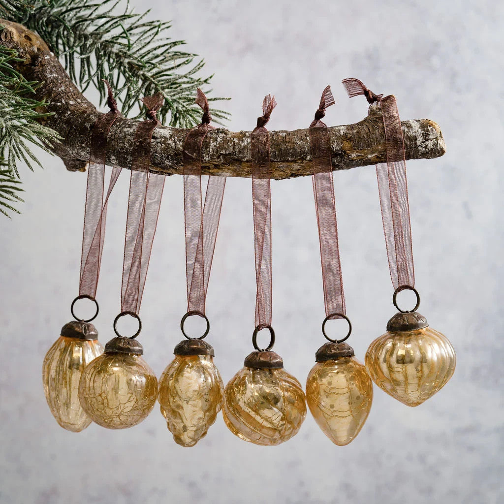 6 Pack Small Glass Handcrafted Baubles Premium Traditional Christmas Tree Craft - Set of 6 Champagne Crackle Mix
