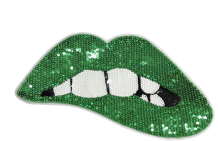 Large Rose Gold Silver Pink Lips Mouth Pop Art Lip Sequin Iron on Sew on Patch - Green - Iron On