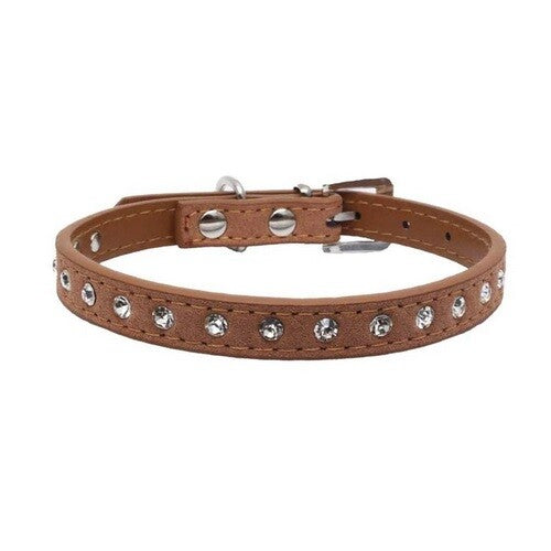 Suede Leather Dog Collar Diamante Puppy Bling Yorkie Teacup Chihuahua & Upwards - Brown