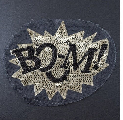 Large BOOM! Star Cartoon Comic Applique Sew On Sequin Patch Pink Gold & Black - Black & Gold