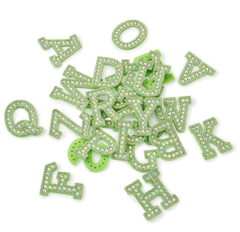 Green Rhinestone Letter Patch Patches Glue or Sew on Alphabet Crystal Customise
