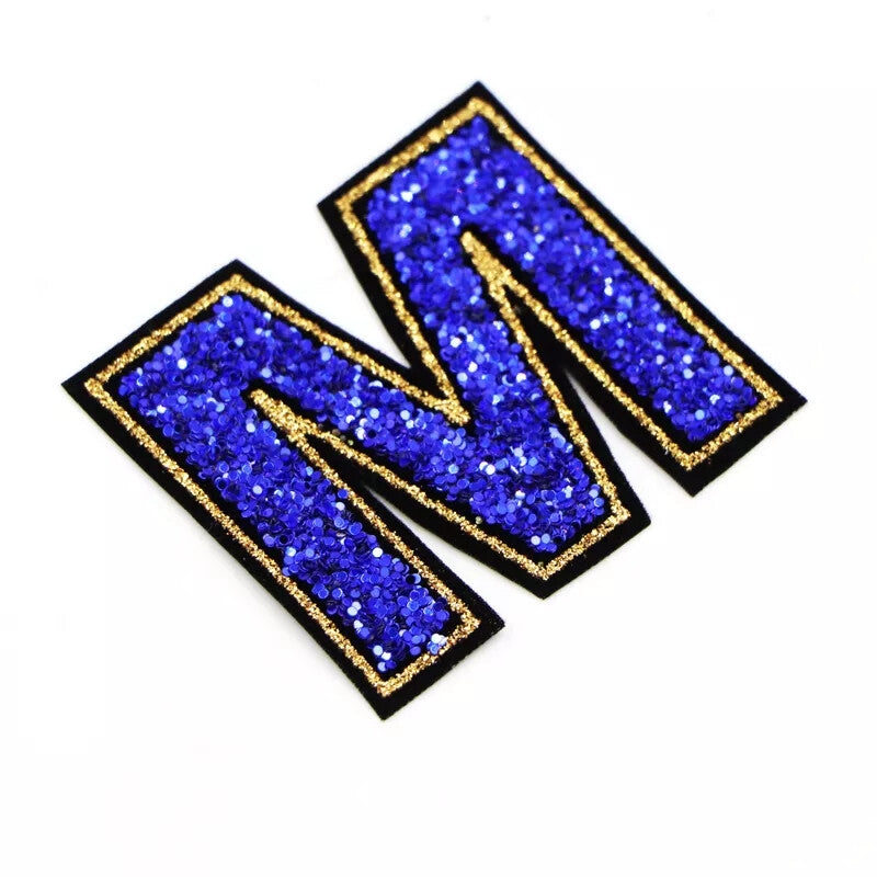 Blue Sequins Glitter Letter Patch Iron on Alphabet Customise Clothes 5.5cm